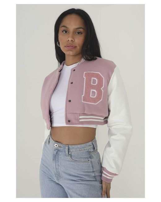 Brave Soul Gray Pink Faux Wool 'lucy' Cropped Varsity Bomber Jacket