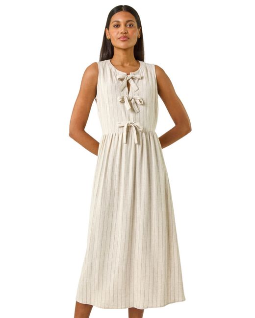 Roman White Pinstripe Bow Detail Midi Dress