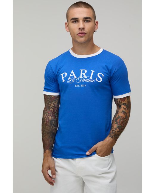 BoohooMAN Blue Regular Paris Print Ringer T-Shirt Cotton for men