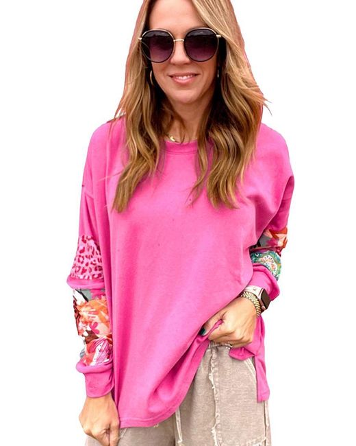 Azura Exchange Sachet Roze Gemengde Print Patch Drop Shoulder Pullover Top in het Pink