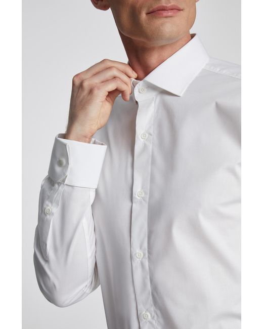 Limehaus White Tailored Fit Poplin Double Cuff Cutaway Collar Shirt for men