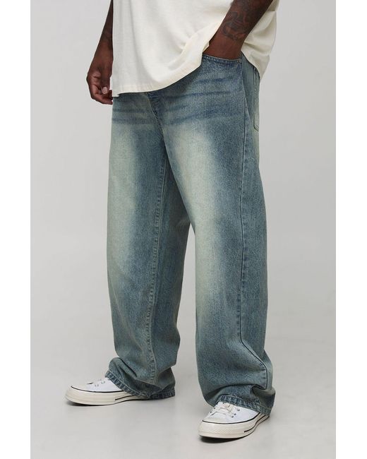 BoohooMAN Blue Plus Straight Leg Extreme Washed Woven Tab Jeans for men