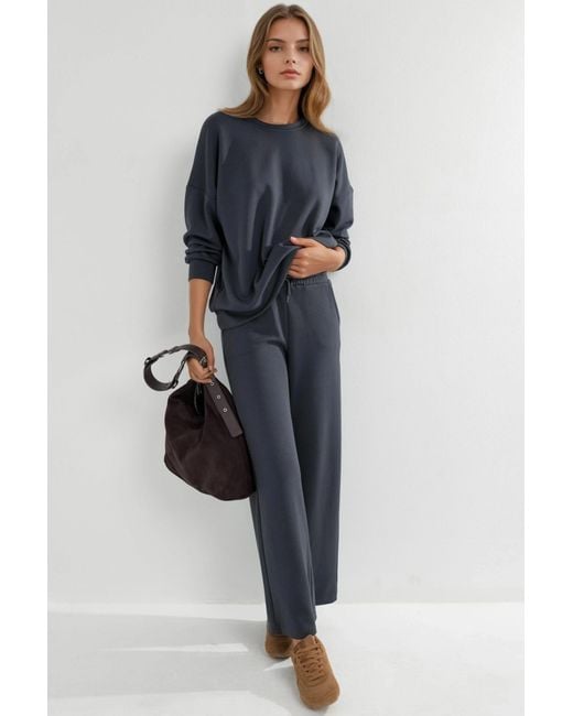 Hiccup Blue Modal Touch Crew Neck Sweatshirt & Wide Leg Pants Two-Piece Set