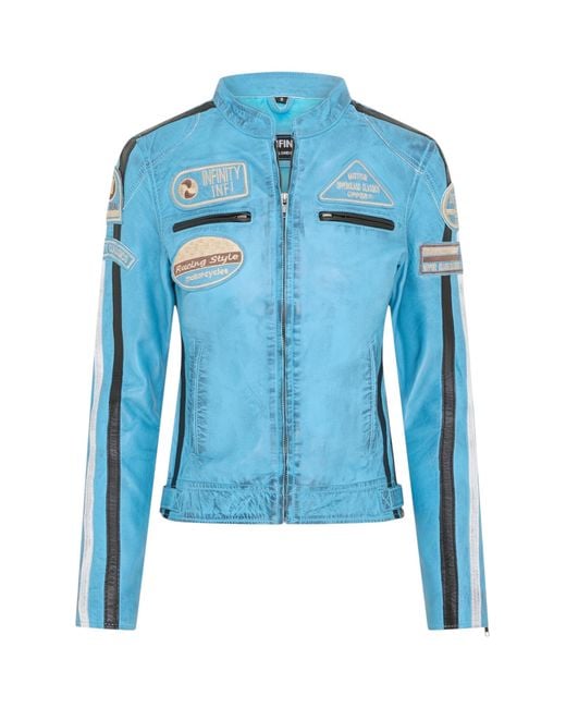 Infinity Leather Blue Biker Racing Badges Jacket-Maple