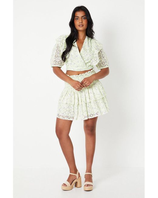 Oasis White Printed Broderie Shirred Tiered Mini Skirt