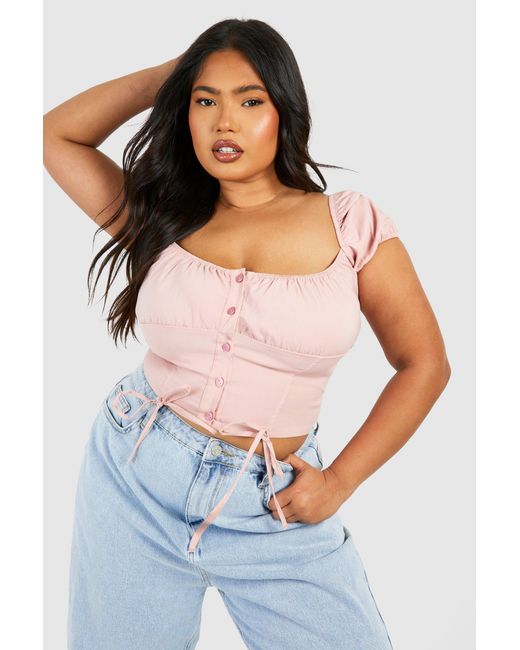 Boohoo Pink Plus Milkmaid Puff Sleeve Bengaline Corset Top