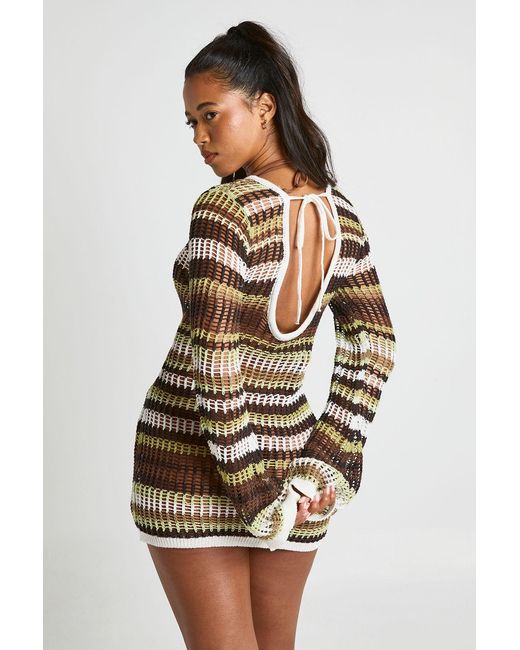 Boohoo Natural Crochet Stripe Knit Flared Sleeve Mini Dress