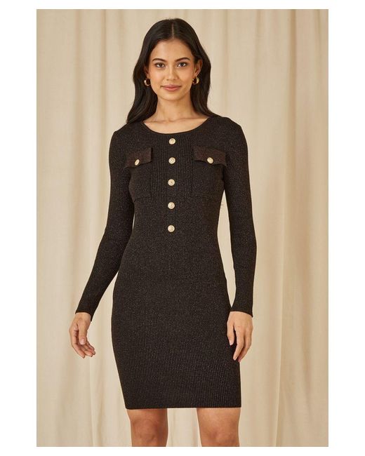 Yumi' Black Metallic Military Fitted Knitted Dress Viscose