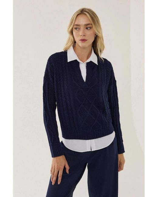 Hiccup Blue Relaxed Fit Shirt Collar Sweater With Hair Braid Pattern