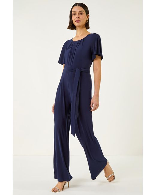 Roman Blue Pleat Neck Belted Jumpsuit