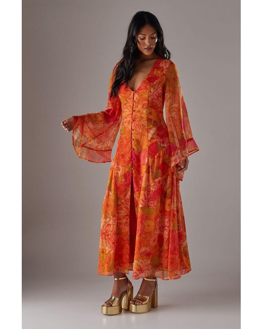 Warehouse Red Chiffon Bohemian Button Through Maxi Dress