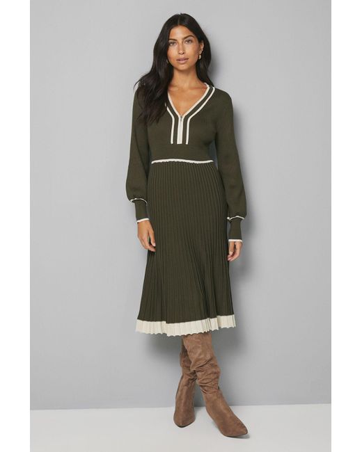 Wallis Green Zip Front Pleated Knitted Midi Dress