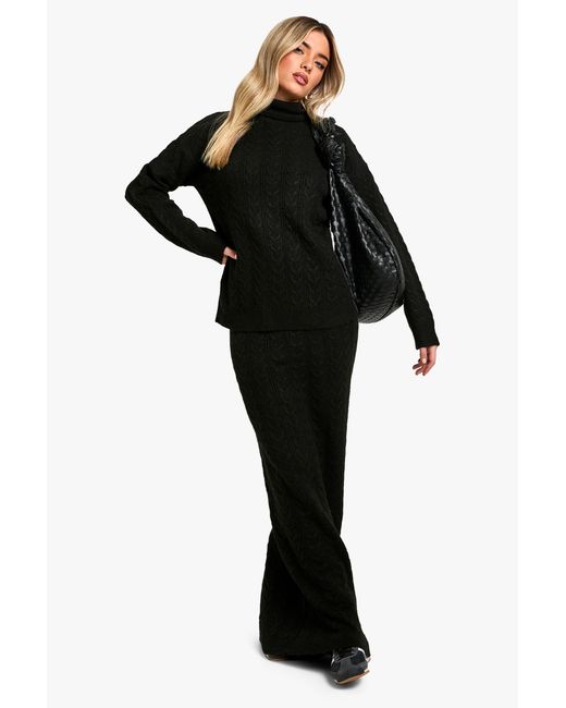 Boohoo Black Soft Cable Roll Neck Sweater And Maxi Skirt Co-Ord