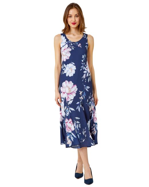 Roman Blue Sleeveless Floral Print Bias Midi Dress