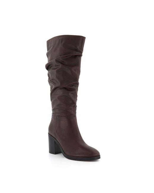 Dune Brown Ladies Truce - - Ruched Block-heeled Knee-high Boots Leather