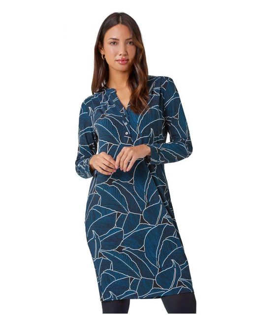 Roman Blue Leaf Print Cocoon Stretch Dress