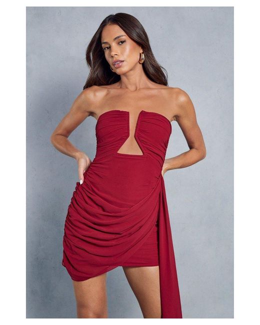 MissPap Red Chiffon Shaped Bust Wrap Ruched Bodycon Mini Dress