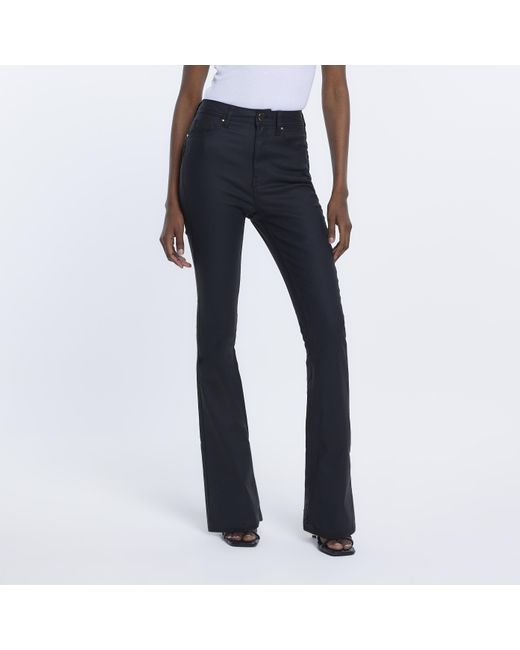 River Island Blue Flared Jeans Coated High Waisted Viscose