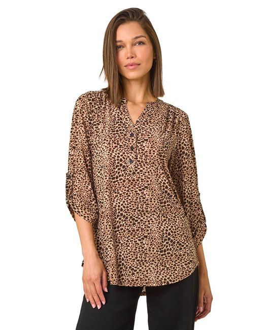 Roman Brown Animal Print Stretch Blouse