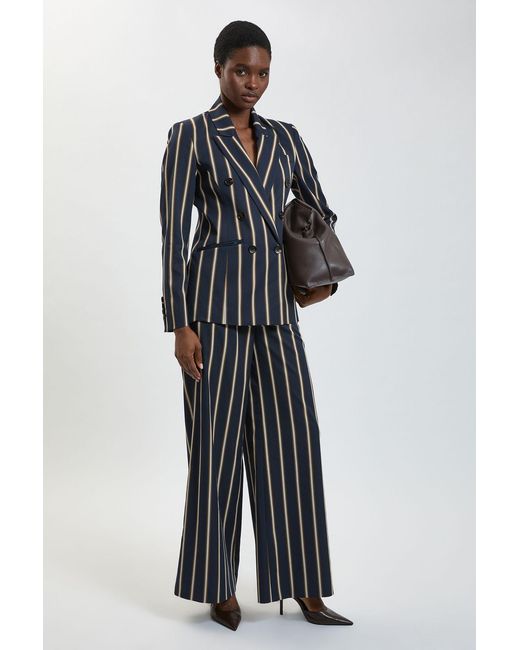 Karen Millen Blue Stripe Wide Leg Tailored Trouser