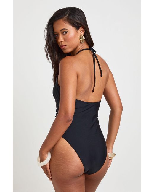 Boohoo Blue Tummy Control Cut Out Halter Neck Trim Detail Swimsuit