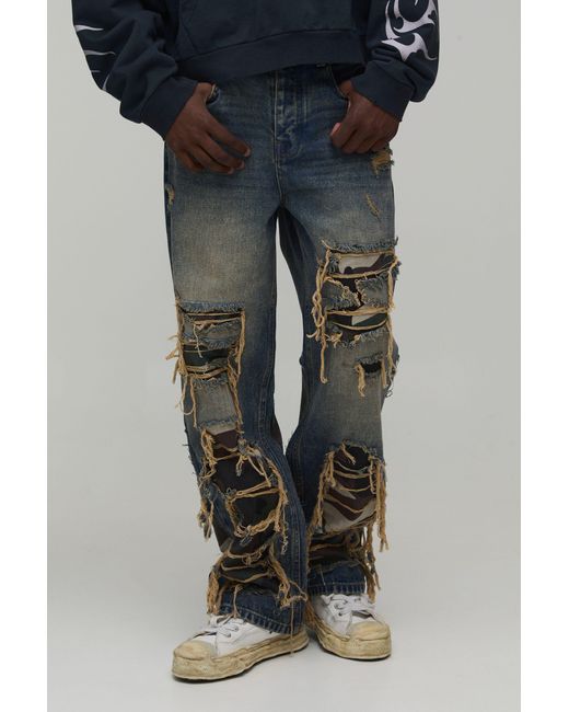 BoohooMAN Black Washed Camo Rip & Repair Relaxed Fit Jeans for men