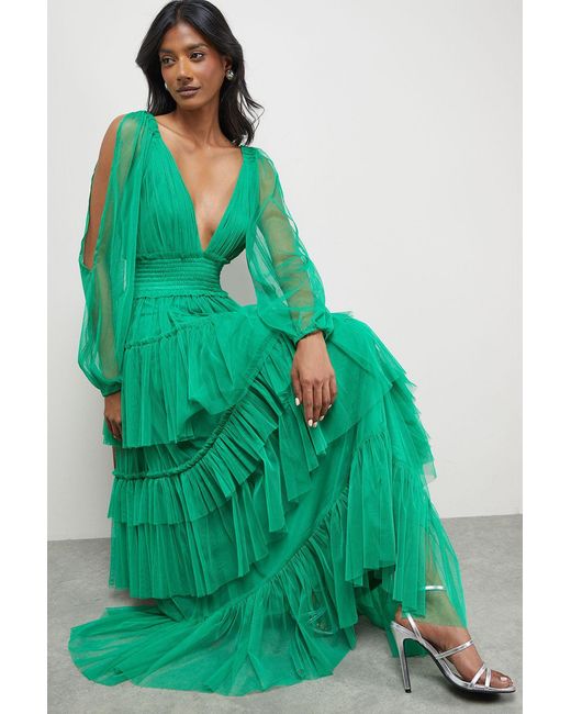 Warehouse Green Tulle Long Sleeve Cinched Waist Maxi Dress