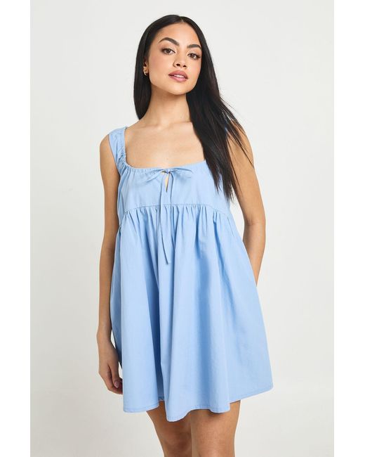 Boohoo Blue Tie Front Detail Mini Smock Dress