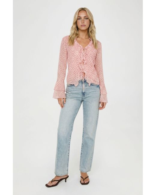 Boohoo Pink Polka Dot Chiffon Ruffle Blouse