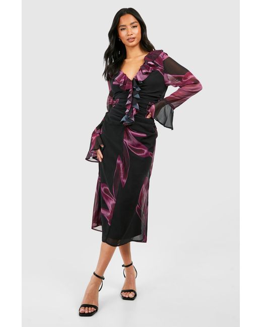 Boohoo Blue Petite Dark Floral Ruffle Ruched Woven Midaxi Dress