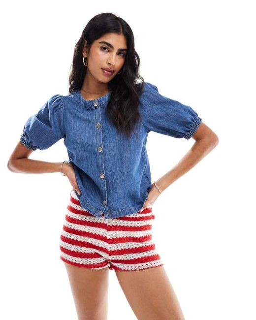 Miss Selfridge Blue Puff Sleeve Denim Top