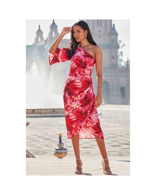 Sosandar Red Floral Print One Shoulder Midi Dress