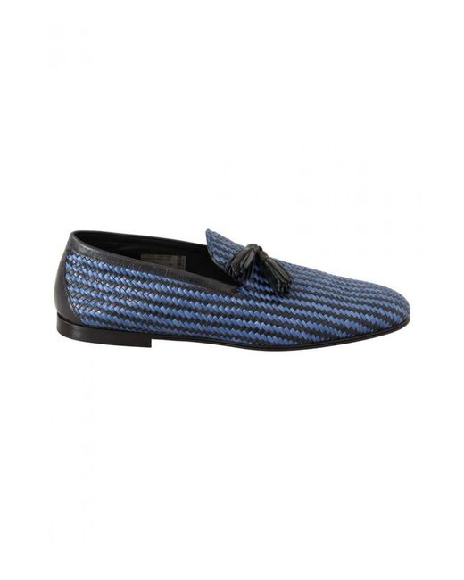 Dolce & Gabbana Blue Woven Leather Tassel Loafers Shoes for men