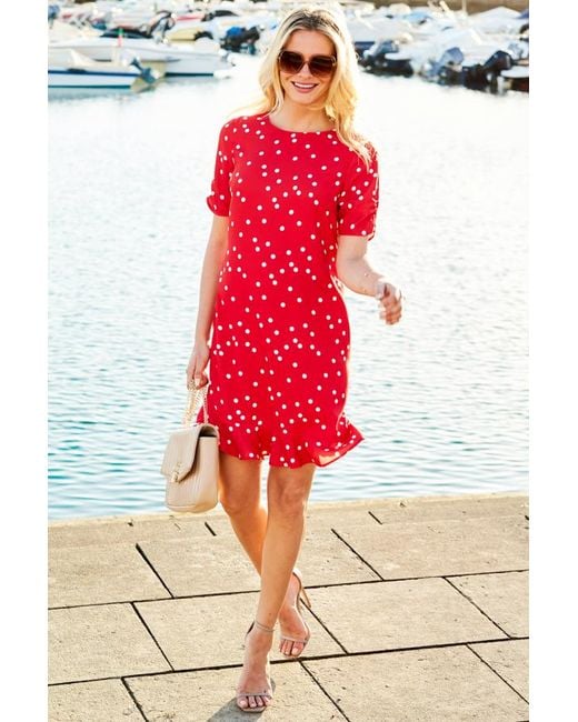 Sosandar Red Spot Print Ruffle Hem Shift Dress