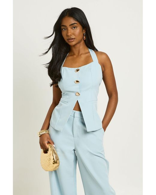 Boohoo Blue Button Halter Square Neck Waistcoat