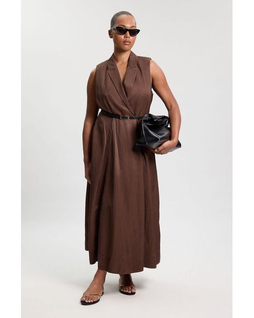 Karen Millen Brown Plus Size Premium Viscose Linen Tailored Belted Full Skirted Midi Dress