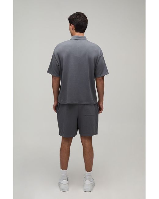BoohooMAN Gray Oversized Boxy Waffle Zip Neck Polo & Baggy Shorts Set for men