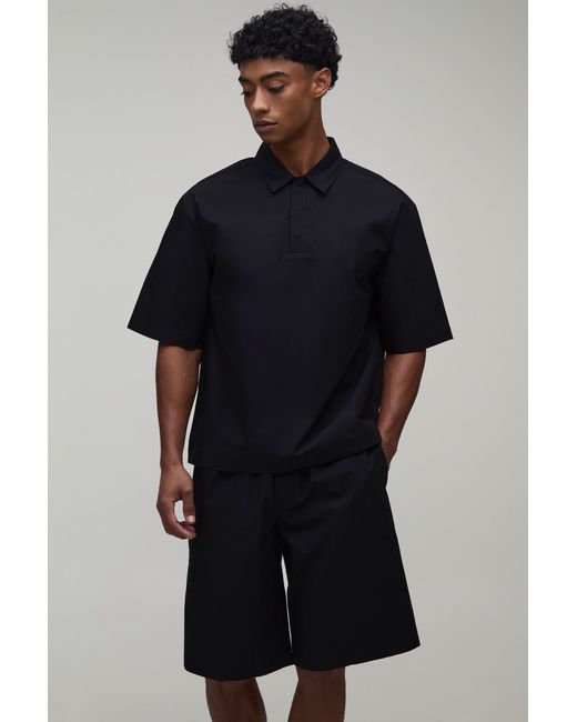 BoohooMAN Black Cotton Concealed Placket Oversized Polo Shirt & Baggy Short Set for men