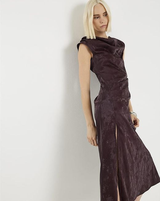 River Island Purple Midi Dress Hammered Faux Leather Cowl Neck Pu