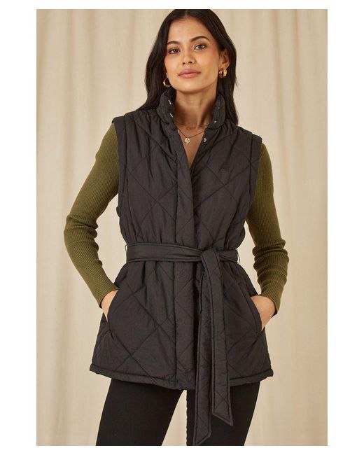 Yumi' Black High Neck Quilted Gilet With Belt Nylon