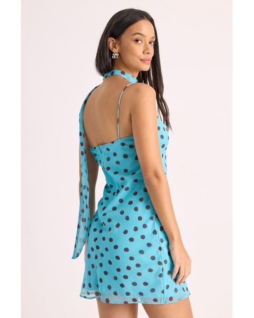Nasty Gal Blue Chiffon Polka Dot Twist Front Scarf Mini Dress