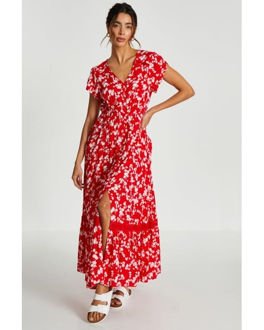 Quiz Red Ditsy Floral Crochet Trim Maxi Dress