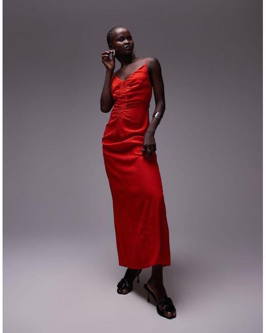 TOPSHOP Red Ruched Maxi Slip Dress