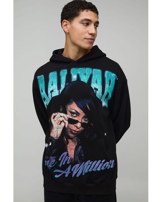 BoohooMAN Blue Oversized Aaliyah License Printed Hoodie for men