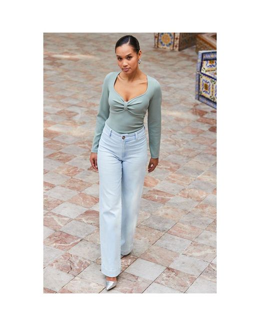 Sosandar Blue Sage Jacquard Ribbed Jersey Top Khaki