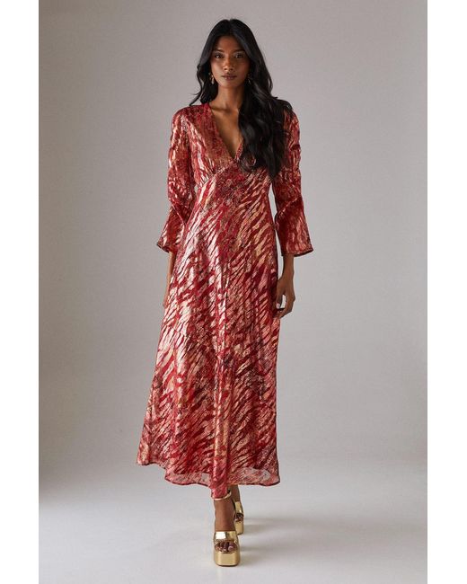 Warehouse Red Metallic Jacquard Ruched Sleeve Plunge Neck Bias Midi Dress