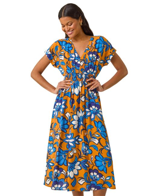 Roman Blue Floral Print Shirred Midi Dress