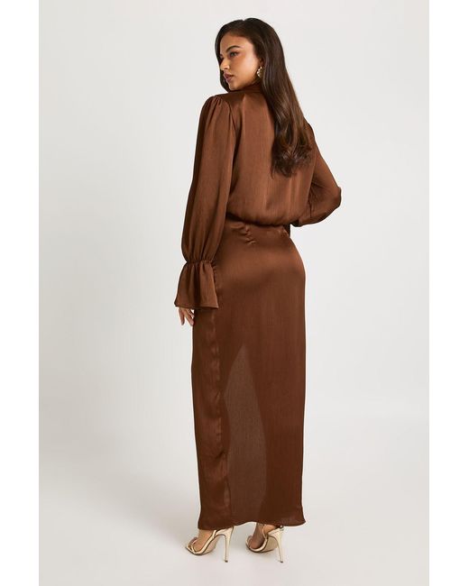 Boohoo Brown Satin Twist Front Split Maxi Dress
