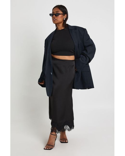 Boohoo Blue Plus Lace Trim Satin Midaxi Skirt