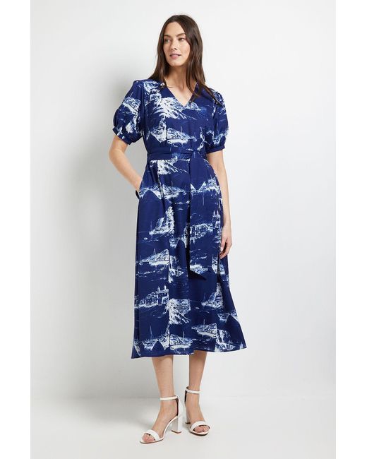 PRINCIPLES Blue Pleated Sleeve Belted Midi Dress
